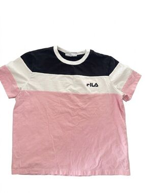 🔥 2/$20 EUC FILA Colorblock Black, White & Pink Crew Tee Jersey Chic Cotton XL